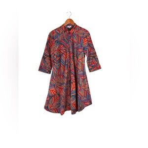 Zuri Kenya Cotton Multicolor Bright Print Dress Pockets Size Small